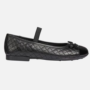 Geox Plie Girl Quilted Black Leather Patent Toe Ballet Flats with Elastic Strap